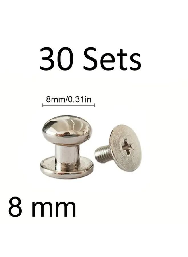 30 مجموعة من المسامير المعدنية الفضية البيضاء مقاس 8 مم للحرف الجلدية، حزام الساعة، DIY - Image 4